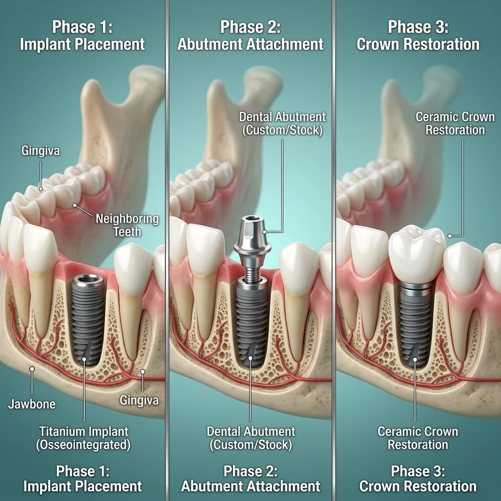Stages of dental implant placement procedure